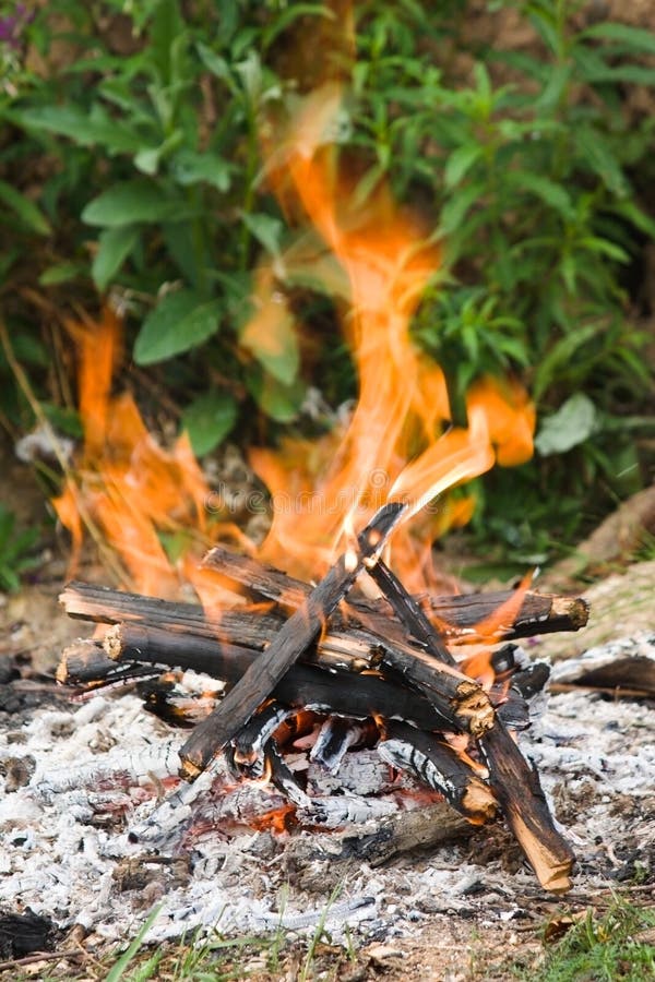 Camping bonfire close-up view