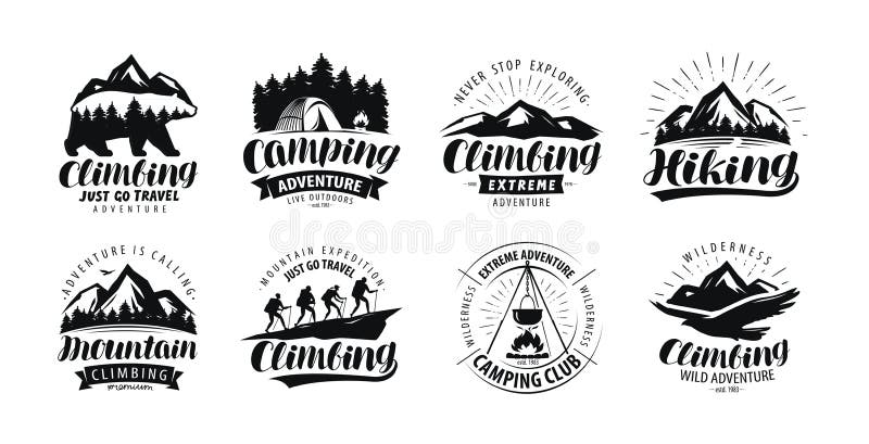 Camping, climbing logo or label. Hiking trip, hike set of icons. Lettering vector