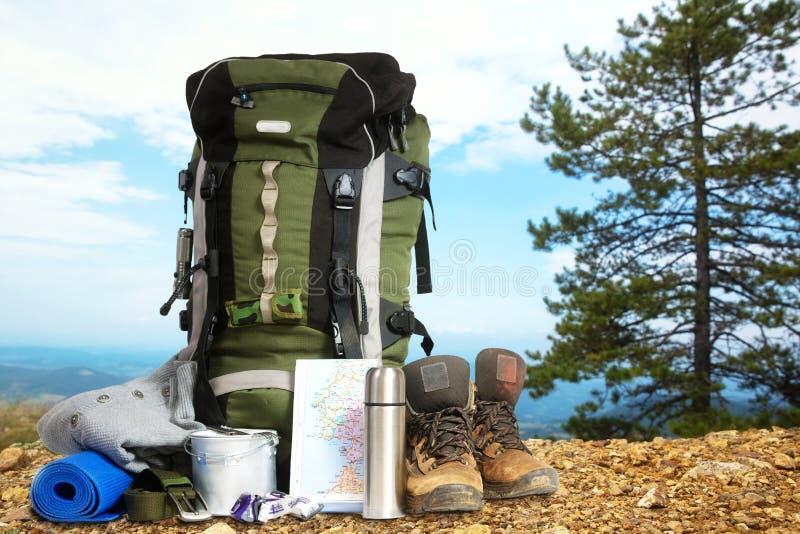 Camping elements/ equipment on top of the mountain. royalty free stock image