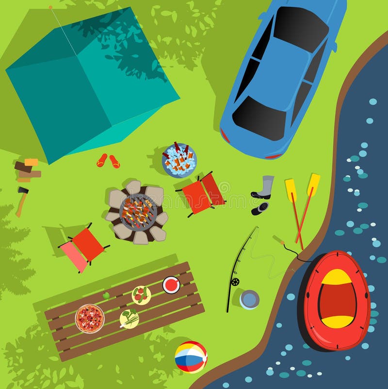 Aerial view of a camping sight near the water, including a tent, an inflatable boat, fire pit, picnic table, sport and recreational items and a parked car, EPS 8 vector illustration. Aerial view of a camping sight near the water, including a tent, an inflatable boat, fire pit, picnic table, sport and recreational items and a parked car, EPS 8 vector illustration