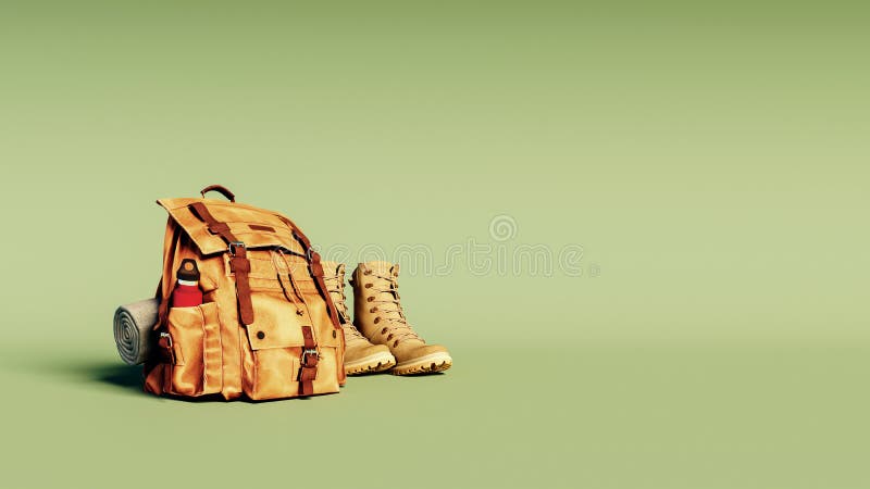 Camping equipment with boots on mint green background royalty free illustration