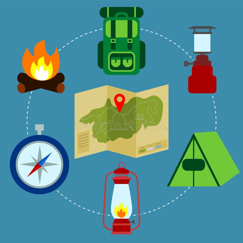 Camping Equipment with the Map in the Center. Hiking Icons. Camping  Concept. Stock Vector - Illustration of path, camp: 177302511