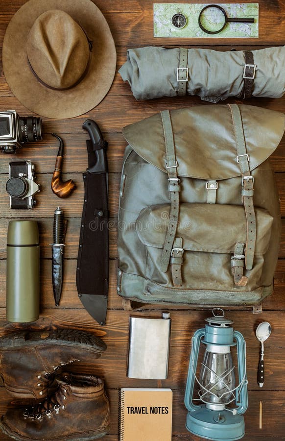 https://thumbs.dreamstime.com/b/camping-gear-including-knife-clothes-boots-lantern-camera-hat-map-compass-vertical-wanderlust-safari-postcard-poster-camping-gear-139583906.jpg