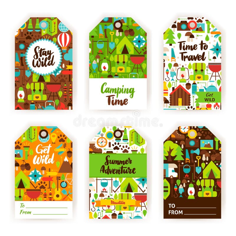 Camping Gift Tag Set stock vector. Illustration of invitation 122037958