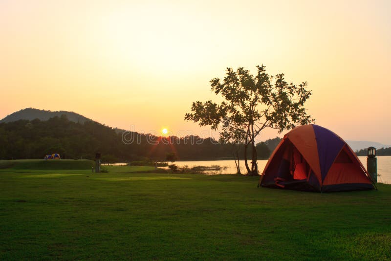 Camping ground and sunset at lake