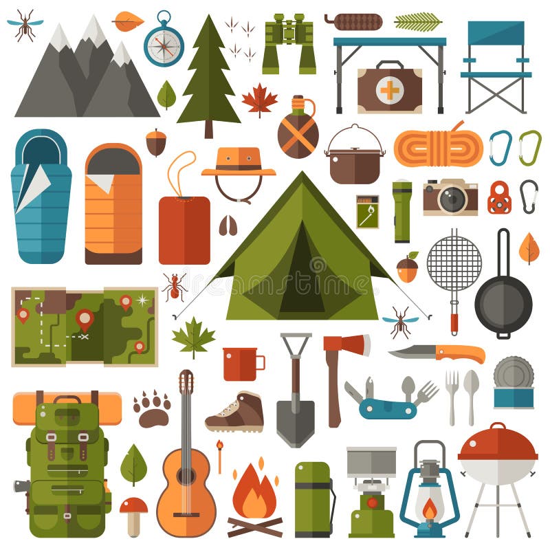 https://thumbs.dreamstime.com/b/camping-hiking-equipment-set-mountain-hike-elements-autumn-forest-gear-vector-icon-collection-mountains-tent-lantern-76200817.jpg