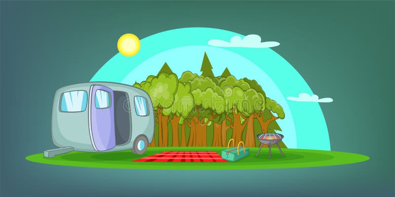 Camping horizontal banner picnic, cartoon style