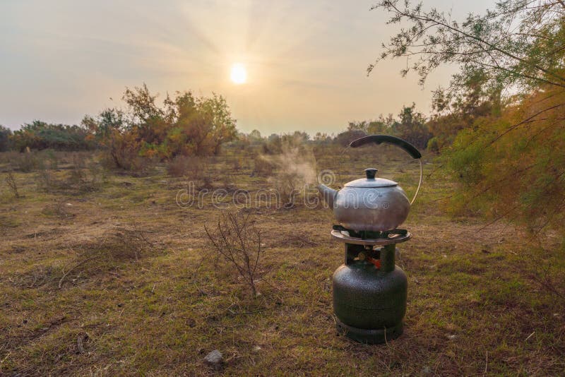 A Camping Kettle is Boiled on a Gas Bottle Stock Image Image of