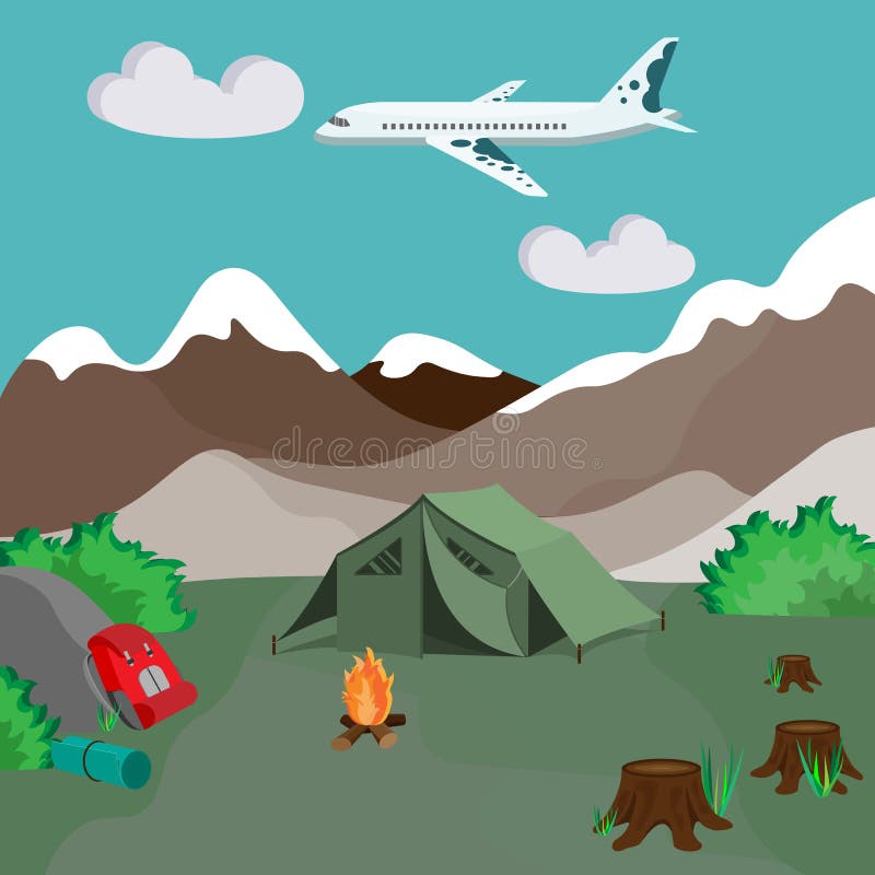 Camping by the Mountains with Campfire and Tent Stock Vector ...