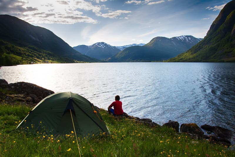 Camping in mountains near lake