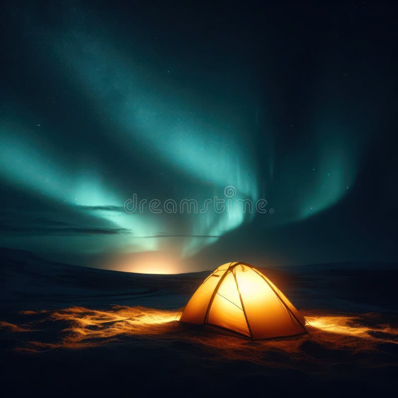 Camping at Night Under the Northern Lights Aurora Borealis Stock Photo