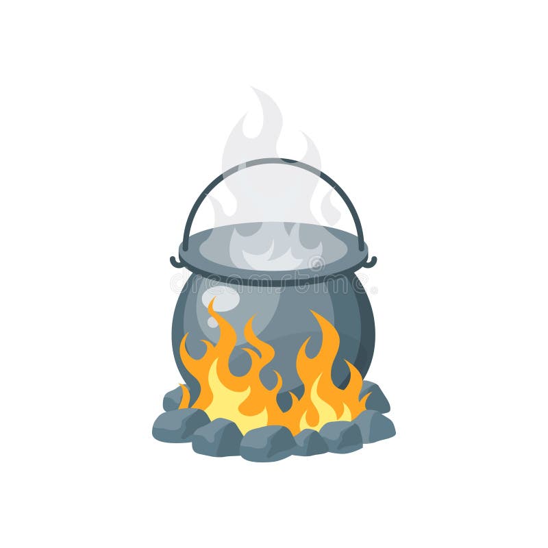 Campfire and cooking pot on stand white Royalty Free Vector