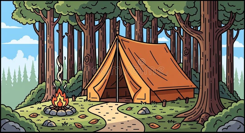 Scene with a large orange tent among tall brown tree trunks in stock illustration