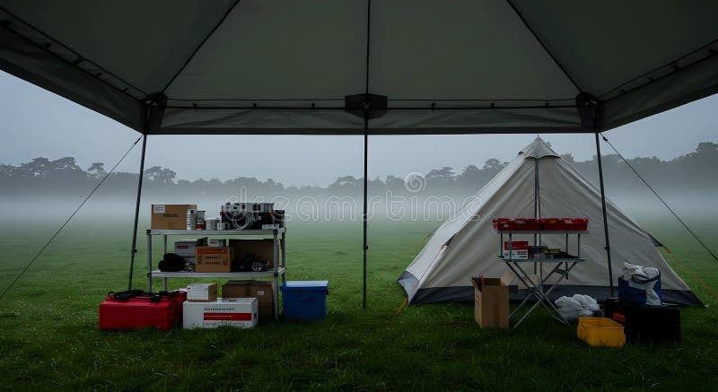 Camping Setup on Grassy Field med Tent and Canopy in Foggy Weather vektor illustrationer
