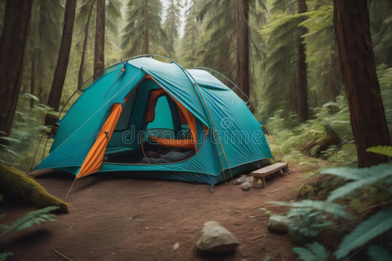 Camping Tent in the Forest, Camping Equipment in the Forest. Generative