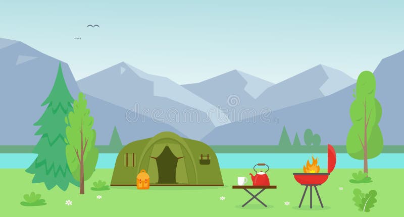 Camping Tent Near the Lake and Mountains. Stock Vector - Illustration ...