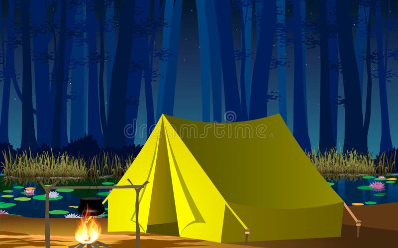 Camping tent at the river in a forest at night n. Grass night sky background vectors