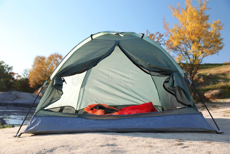Camping Tent with Sleeping Bags Stock Image Image of countryside