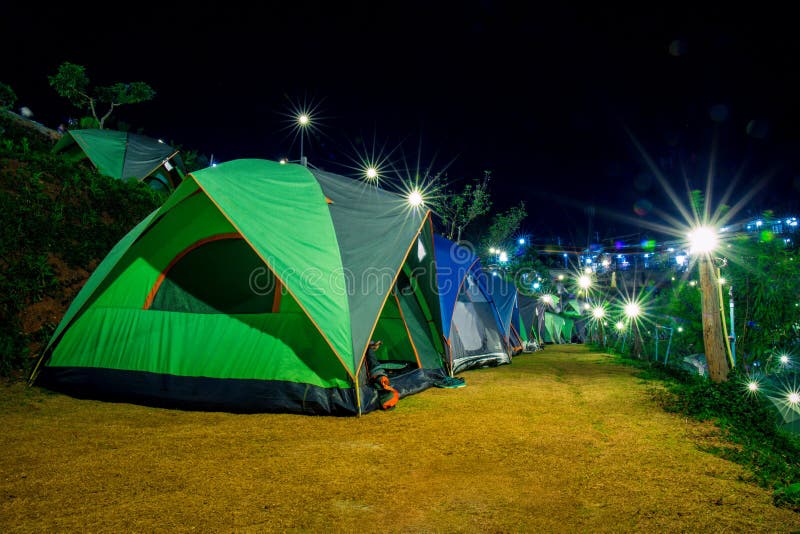 Camping tents at night. stock image. Image of light, hiking 85918933
