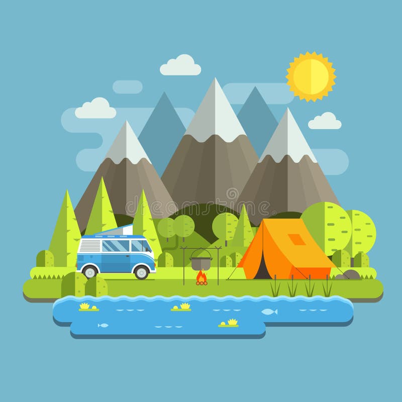 Campsite place in mountain lake area. Forest camping travel landscape with rv camper bus in flat design. Summer camp place with traveler bus vector illustration. National park auto trip campground. Campsite place in mountain lake area. Forest camping travel landscape with rv camper bus in flat design. Summer camp place with traveler bus vector illustration. National park auto trip campground.