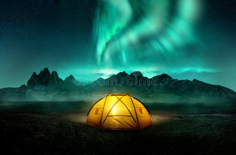 Camping Under Dancing Green Aurora Northern Lights