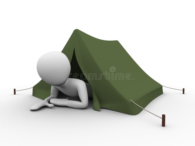 Camping, vacation: man crowling out from the tent