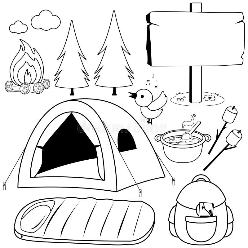 Camping equipment collection. Mountain vacations and hiking set. Camping tent, campfire marshmallows and forest birds. Vector black and white coloring page. Camping equipment collection. Mountain vacations and hiking set. Camping tent, campfire marshmallows and forest birds. Vector black and white coloring page