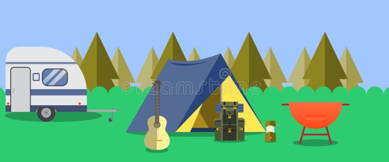 Camping in the Woods.Man Holding a Guitar in His Hands Stock ...