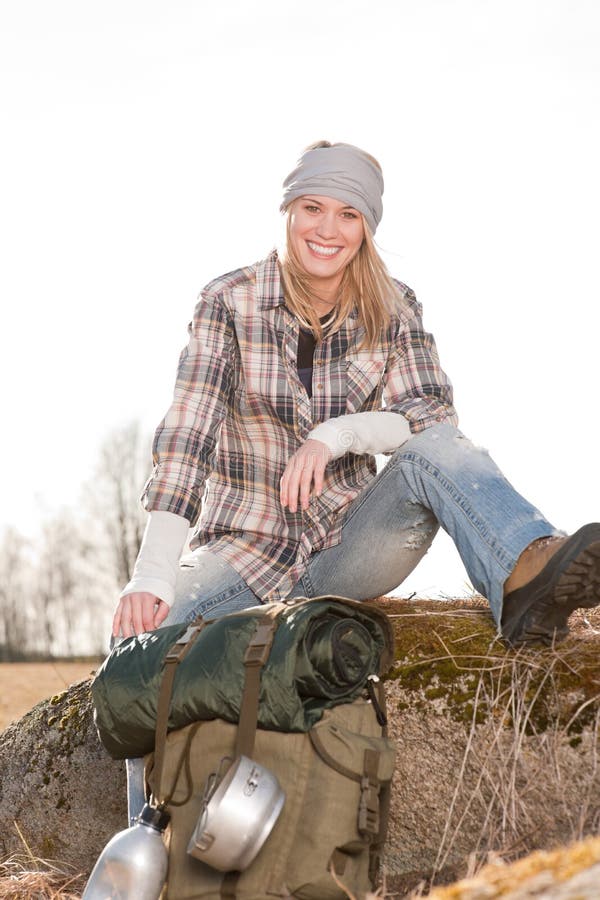 Camping Young Woman in Countryside Backpack Relax Stock Image Image