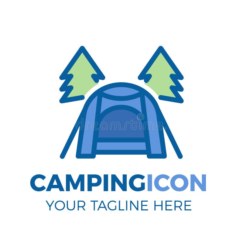 Campingplatz mit moderner Zelt- und Kieferikone Vector dünn gefüllte Entwurfslogoillustration für Tätigkeiten im Freien stock abbildung