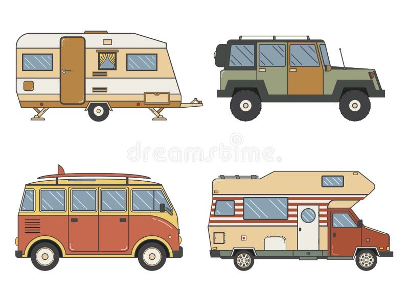 Campistas e reboque do rv na linha arte fina ilustração stock Campistas e reboque do rv na linha arte fina ilustração stock