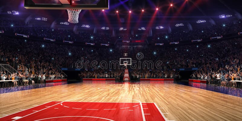 Campo da pallacanestro con il fan della gente Pioggia sullo stadio Photoreal 3d rende il fondo blured nella possibilità remota di