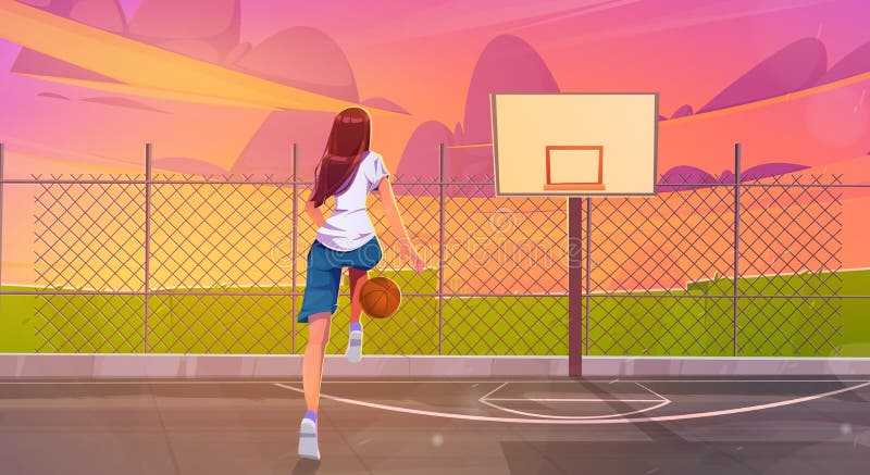 Menina na quadra de basquete à noite vetor fundo jogador feminino no  estádio de esporte de rua perto da costa da água do mar jogo de desenhos  animados ilustração luar no verão