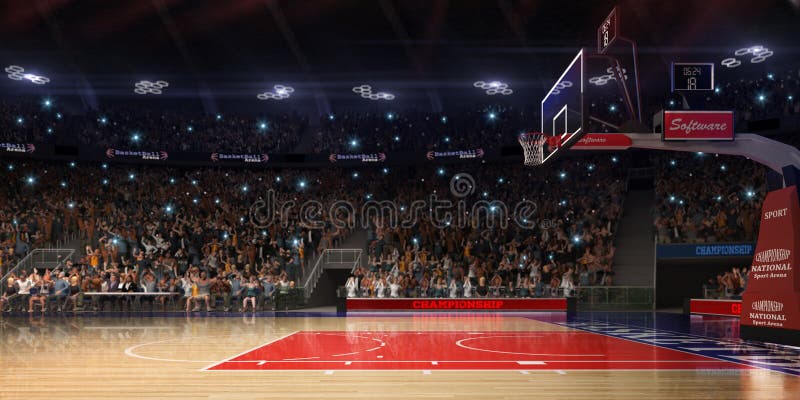 Campo de básquete com fã dos povos Arena de esporte Photoreal 3d rende o fundo blured na possibilidade remota distancelike inclin