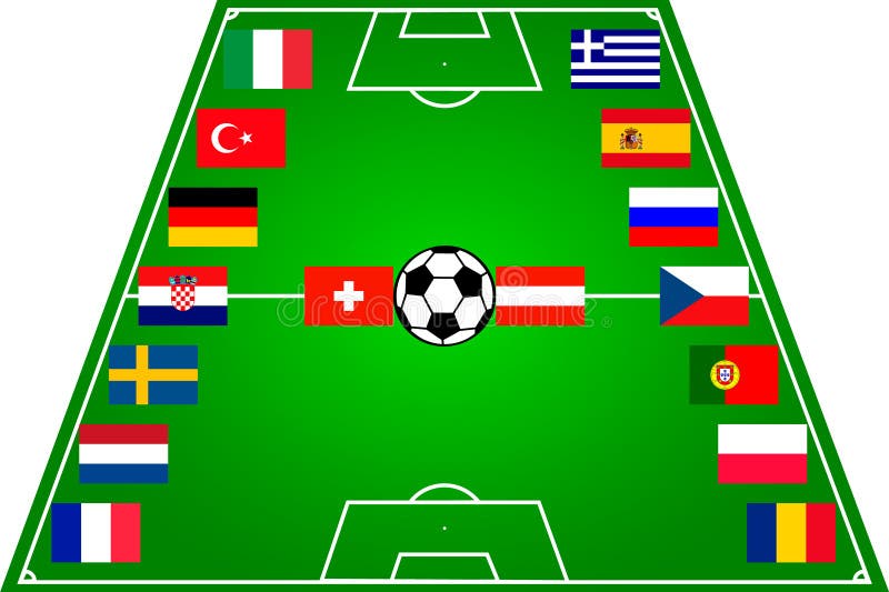 Campo de futebol com 16 bandeiras ilustração do vetor