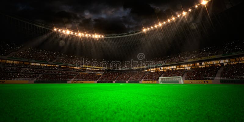 Campo de fútbol de la arena del estadio de la noche imagenes de archivo Campo de fútbol de la arena del estadio de la noche imagenes de archivo
