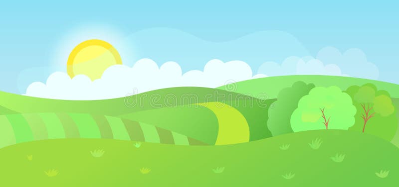 Campo De Dibujos Animados Con Cielo Y Nubes. Paisaje Verde. Estilo De Niño.  Ilustración Vectorial Ilustración del Vector - Ilustración de paisaje,  historieta: 224464359
