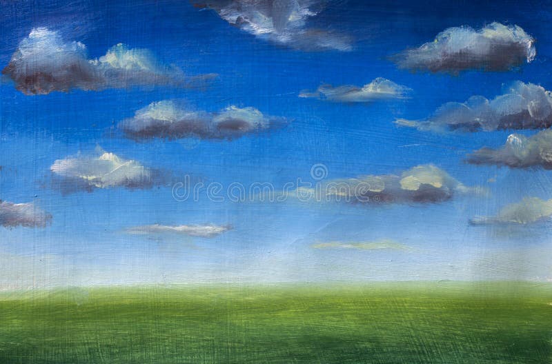 Campo de hierba verde, cielo azul con las nubes, pintura al óleo, nadie, paisaje de la primavera, paisaje del verano, naturaleza, libre illustration Campo de hierba verde, cielo azul con las nubes, pintura al óleo, nadie, paisaje de la primavera, paisaje del verano, naturaleza, libre illustration