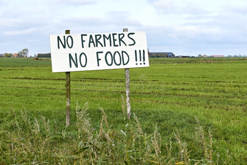 Sign in agricultural field with text No Farmers No Food. Farmers in the Netherlands protesting against forced shrinking of livestock because of CO2 and nitrogen emissions as measured bij the RIVM. Sign in agricultural field with text No Farmers No Food. Farmers in the Netherlands protesting against forced shrinking of livestock because of CO2 and nitrogen emissions as measured bij the RIVM.