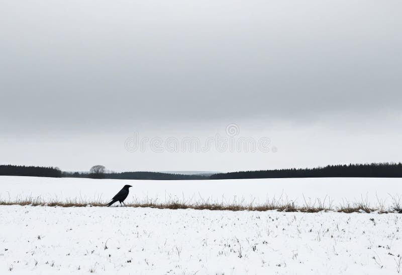 Campo nevado com um corvo solitário ilustração royalty free