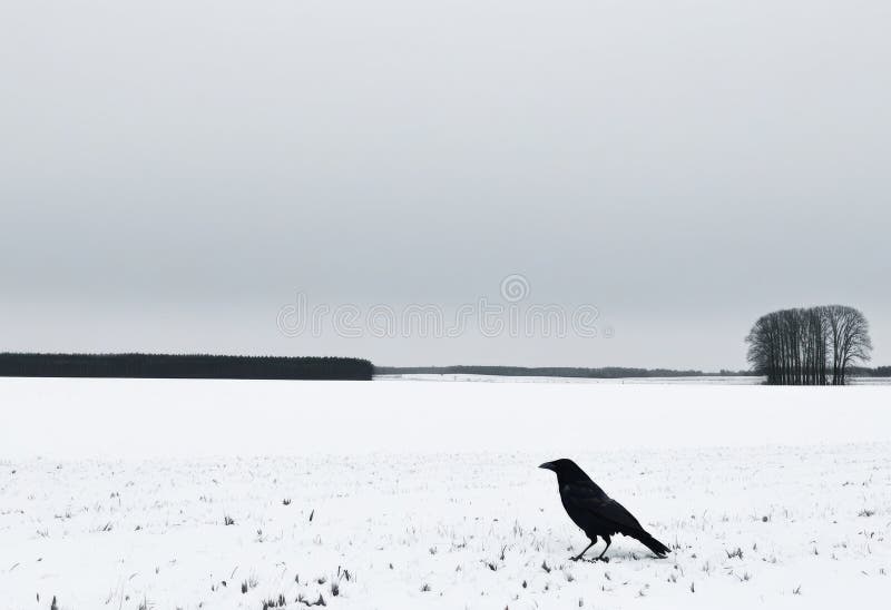 Campo nevado com um corvo solitário ilustração royalty free