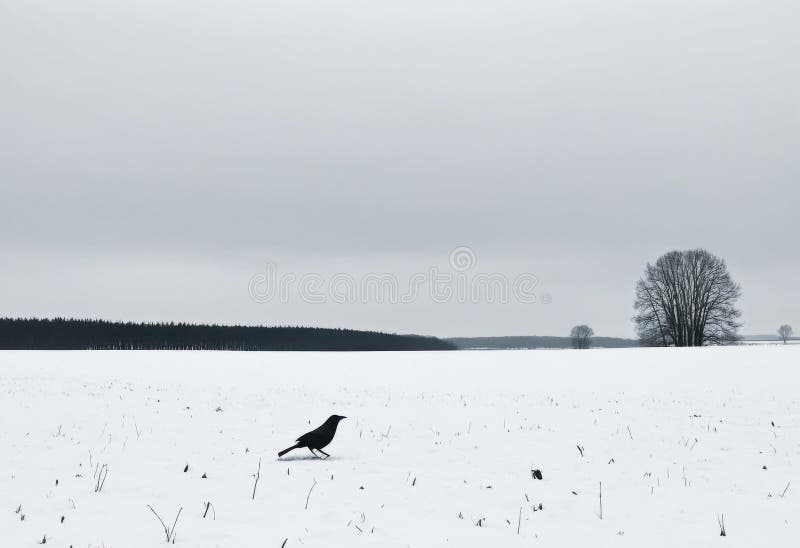 Campo nevado com um corvo solitário ilustração royalty free