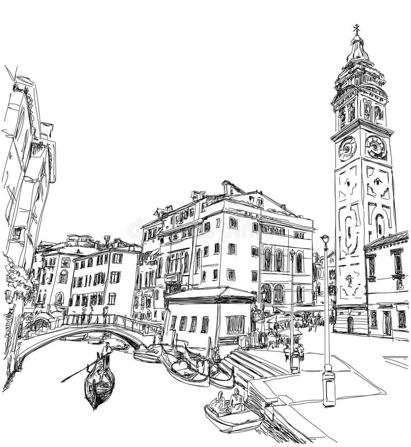 Ponte del Mondo Novo, Campo S.Maria Formosa. Venice, Italy. Black and white vector sketch