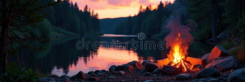 Campsite firelight illuminates river at twilight Cozy seating , cozy, dark stock illustration