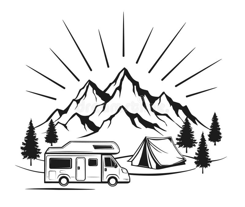 Campsite z obozowicz karawaną, namiot, skaliste góry, sosnowy las ilustracja wektor