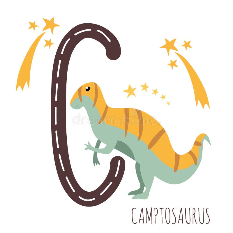 Camptosaurus. Letter C with reptile name. Hand drawn cute herbivores dinosaur. Educational prehistoric illustration. stock illustration