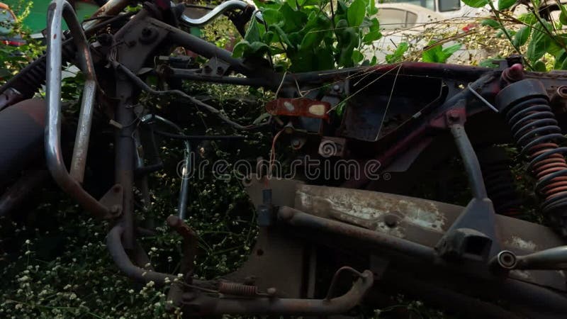 Camuflagem de uma velha bicicleta enferrujada sobre o chão abandonada velha bicicleta de sucata rodeada de verde na estrada