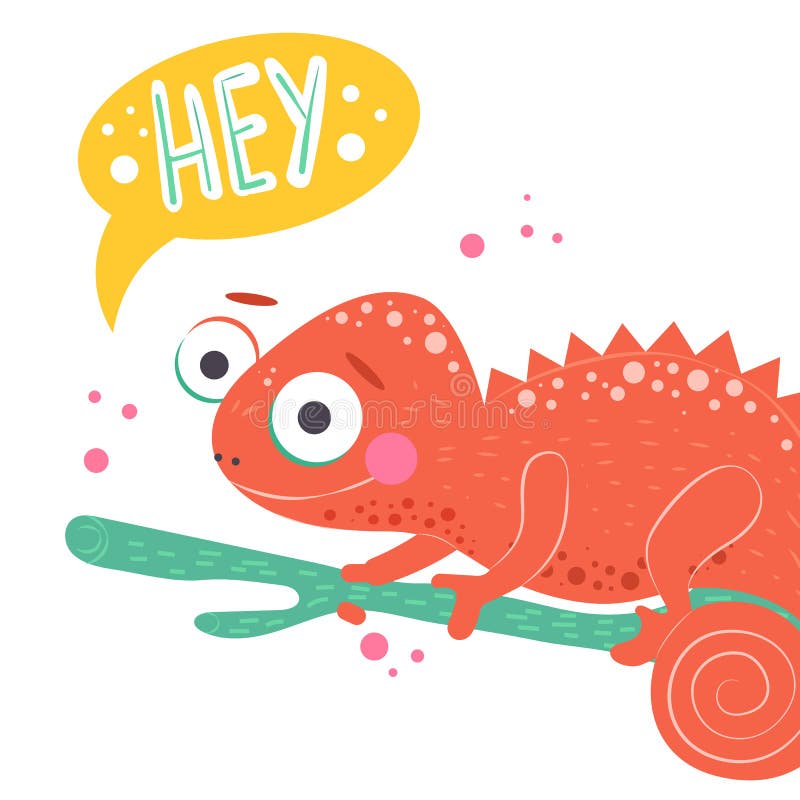 Caméléon orange mignon se reposant sur la branche verte et avec le mot hé sur le fond blanc, illustration de vecteur cartoon illustration stock Caméléon orange mignon se reposant sur la branche verte et avec le mot hé sur le fond blanc, illustration de vecteur cartoon illustration stock