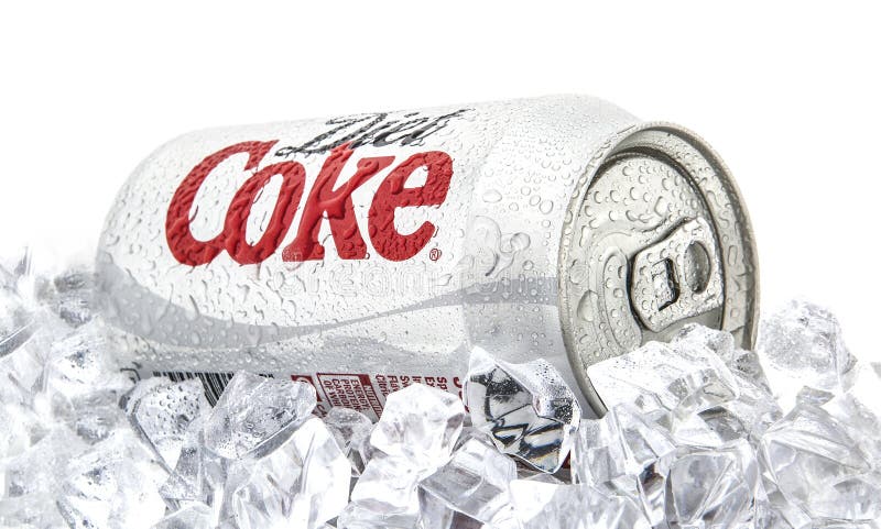 Can of Diet Coca-Cola on a bed of ice over a white background