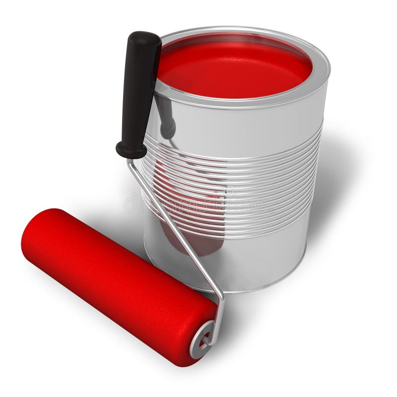 Can with red paint and roller brush